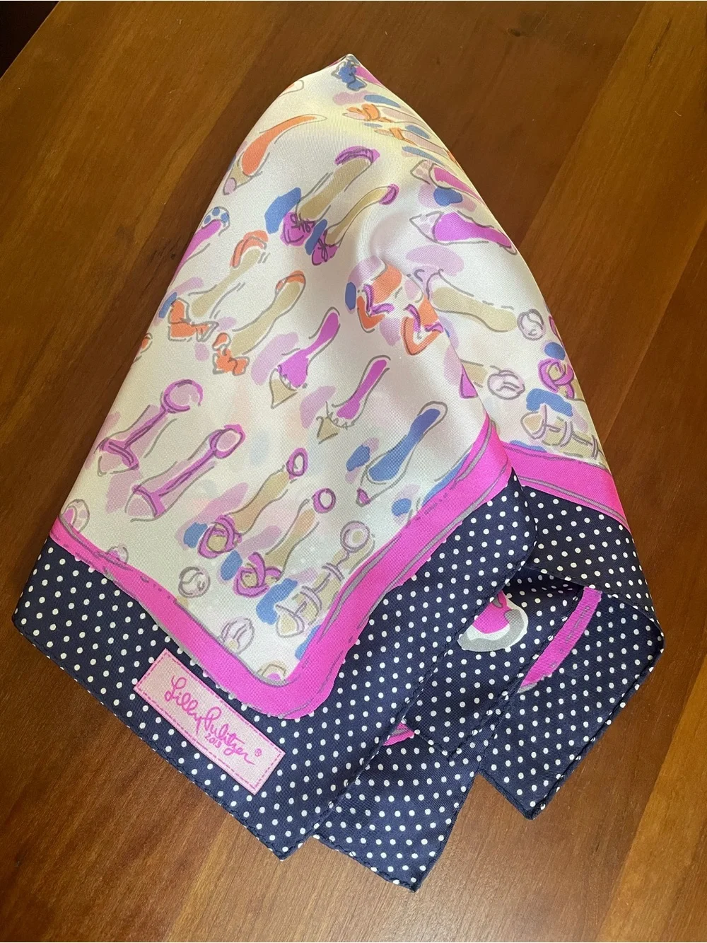 Lilly Pulitzer Vintage Shoe Print Square Silk Scarf Pink Navy Polka Dots EUC 18”
